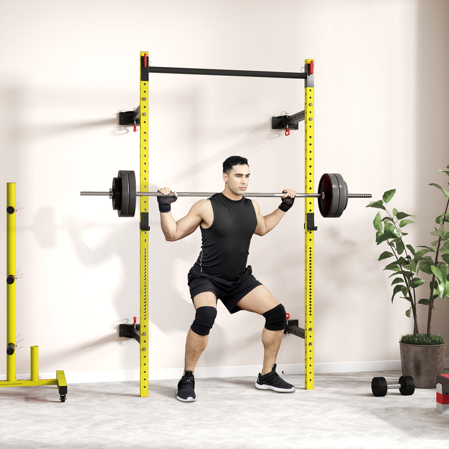 Adjustable Wall-Mounted Folding Squat Rack with Pull-Up Bar - Yellow