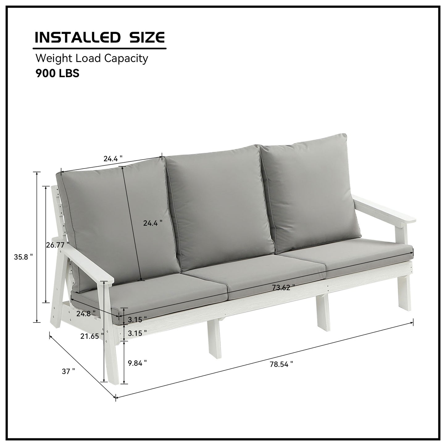 3-Seater Outdoor Sofa with Cushions - Wood Grain Finish, White