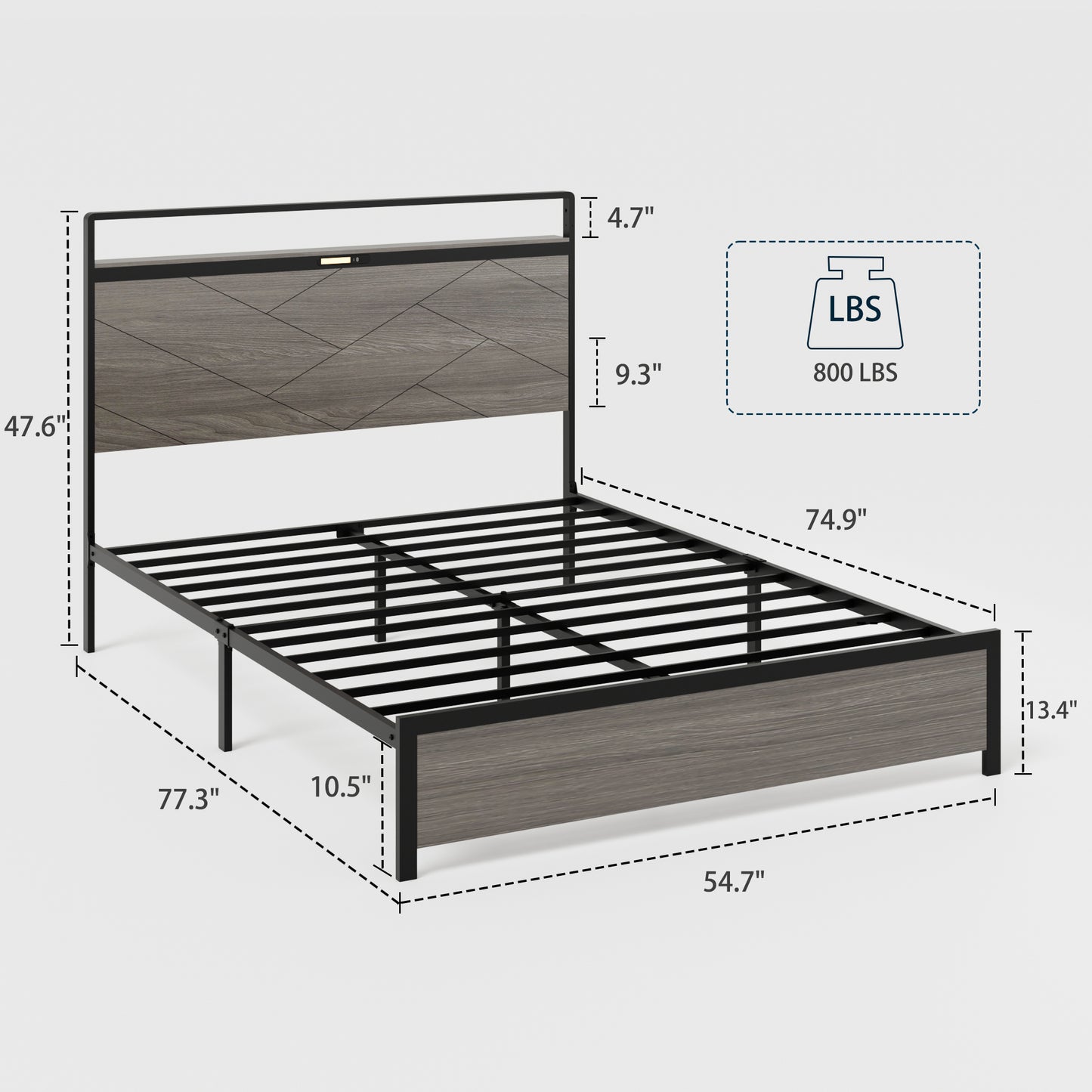 Full Metal Bed Frame with LED Headboard & USB Charging - Antique Gray