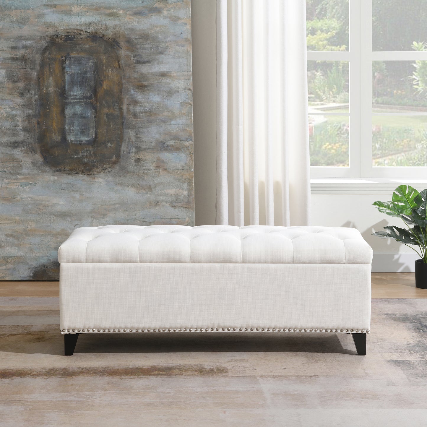 47.5 Storage Ottoman, Bench With Safety Close Hinge, Linen
