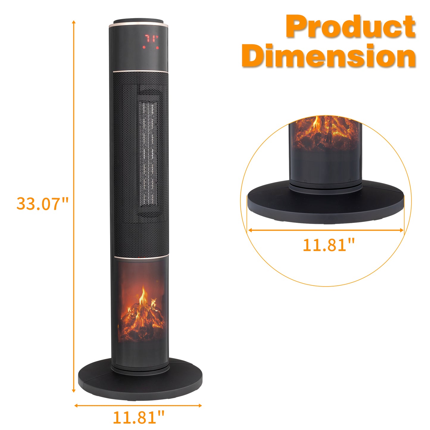 32inch Tower Space Heater with 3D Flame Effect, 1500W Portable Electric Heater with Thermostat, Oscillation, Timer & Remote