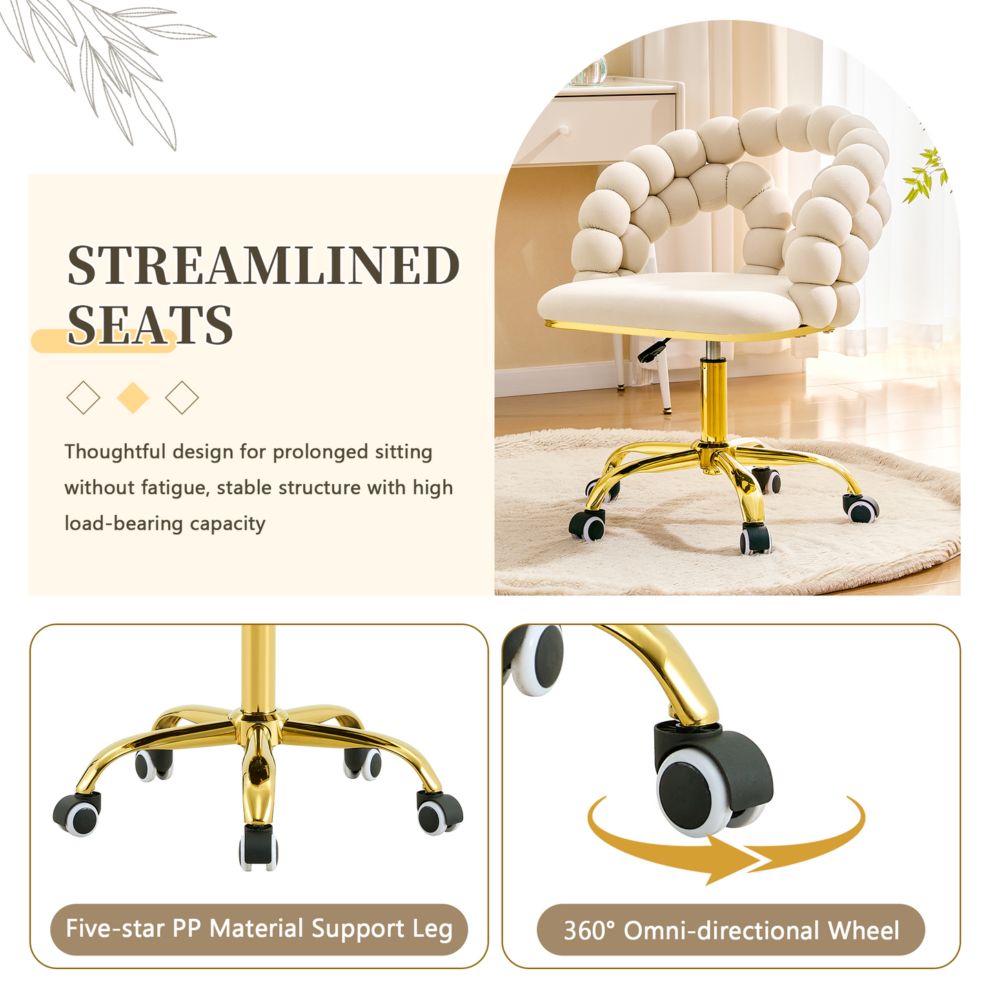 Modern Velvet Adjustable Swivel Desk Chair With Bubble Back,
