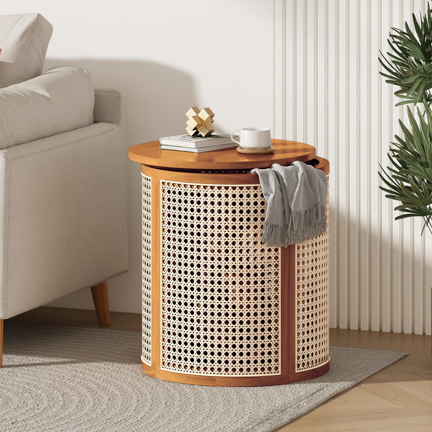 15.70 Round End Table, Hollow Woven Side Small Rubber Wood