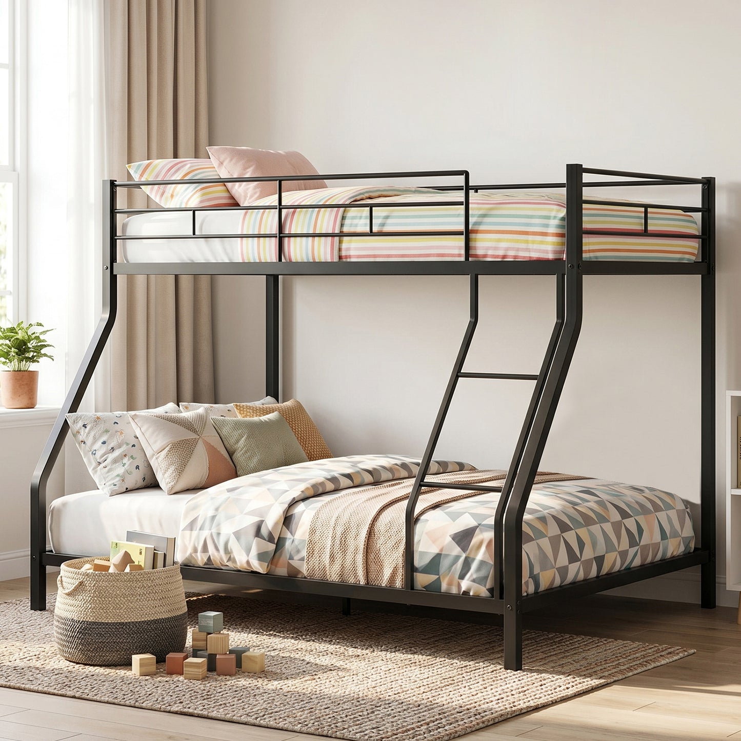 Twin Over Full Metal Bunk Bed Frame with Ladder and Guardrail