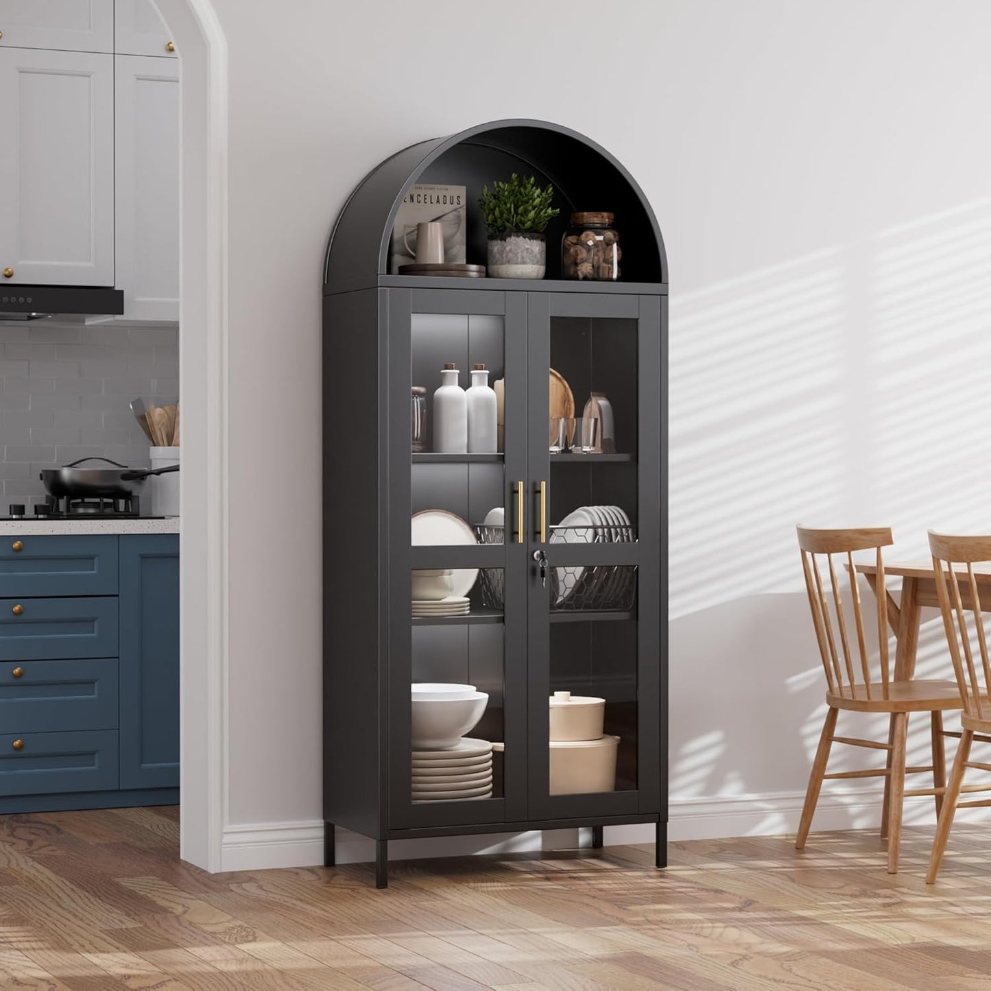 Arched Glass Door Storage Cabinet with LED Lights - Black