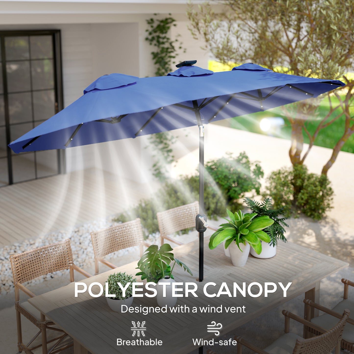 Double-Sided Patio Umbrella with Solar Lights - Navy Blue