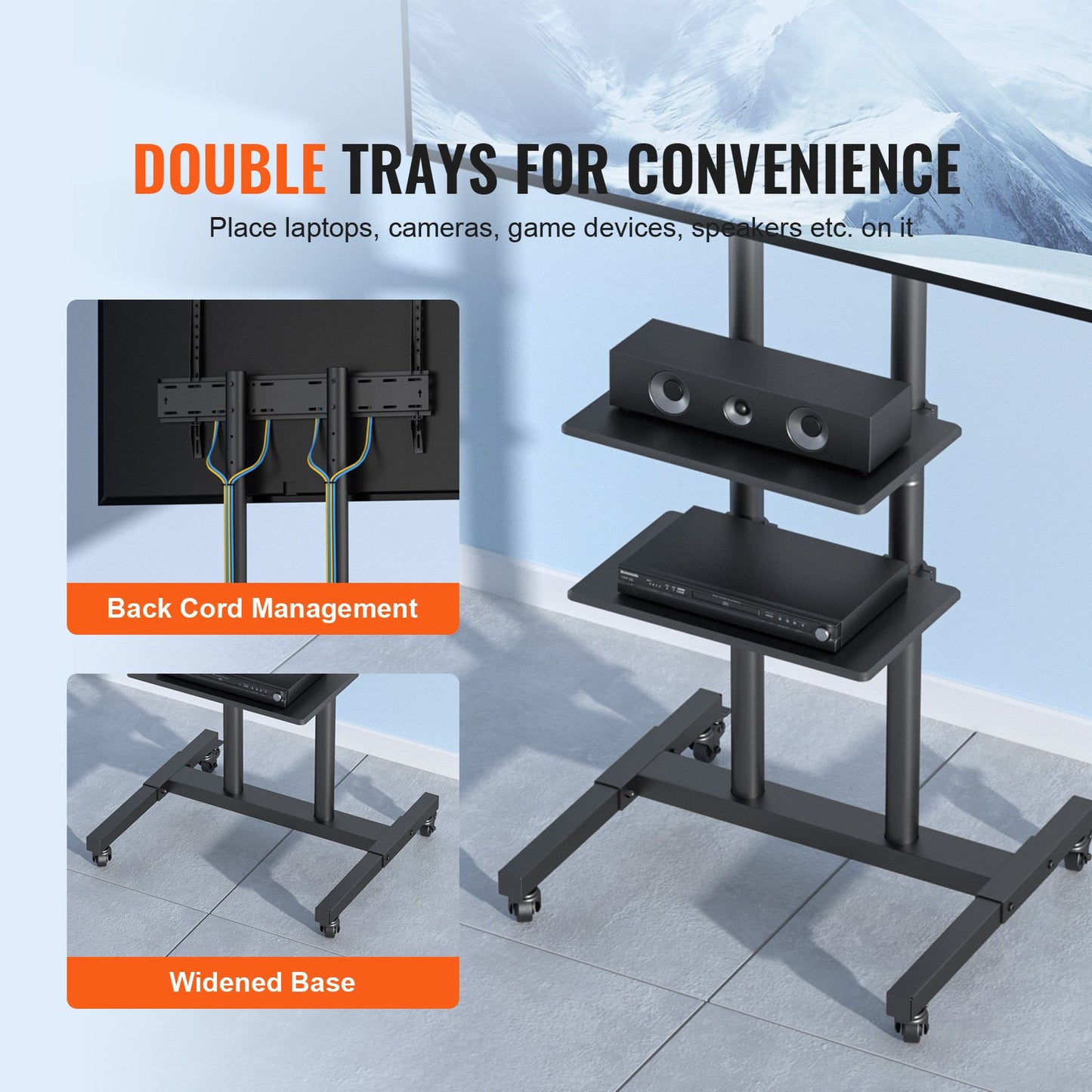 Mobile TV Stand with Wheels - Adjustable Height for 32-70 Inch TVs