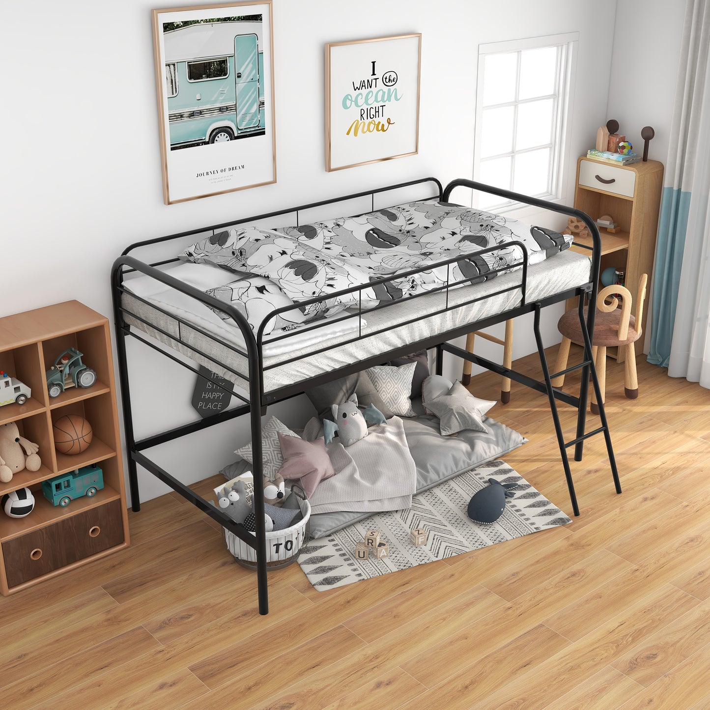Twin Size Metal Loft Bed - Black with Full-Length Guardrails