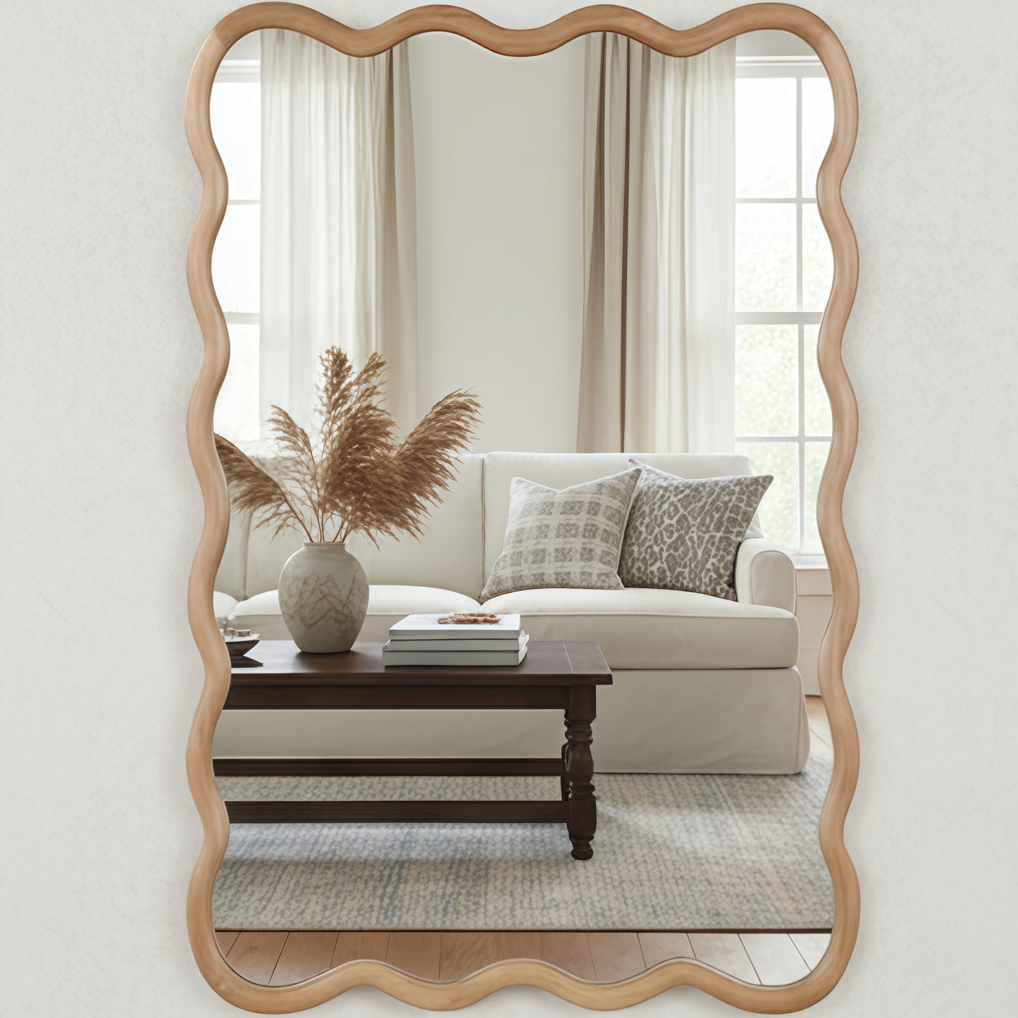 24"x36" Natural Wood Wavy Rectangle Decorative Mirror - Solid Wood Frame
