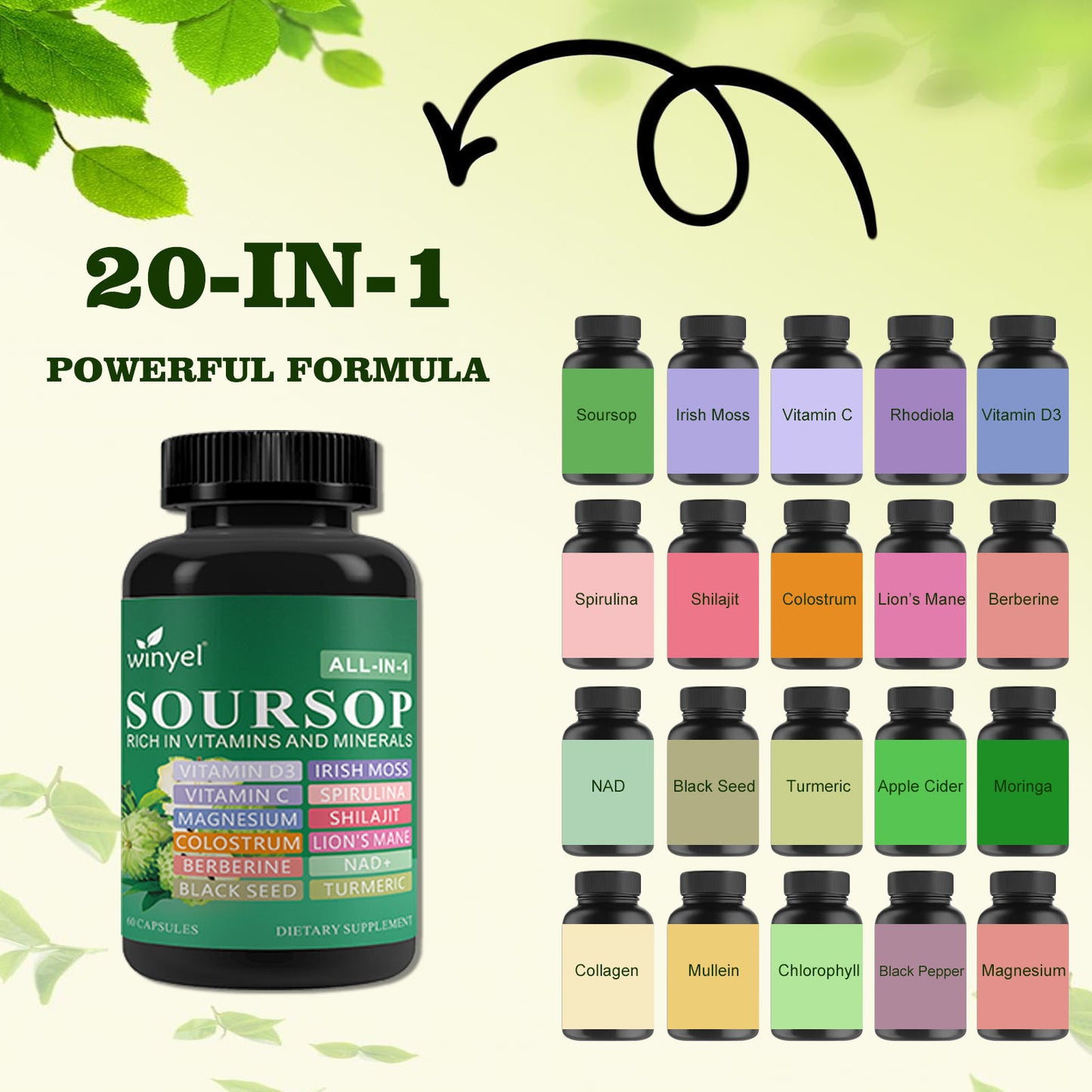Soursop Herbal Supplement with Lion's Mane & Turmeric - 60 Vegan Capsules