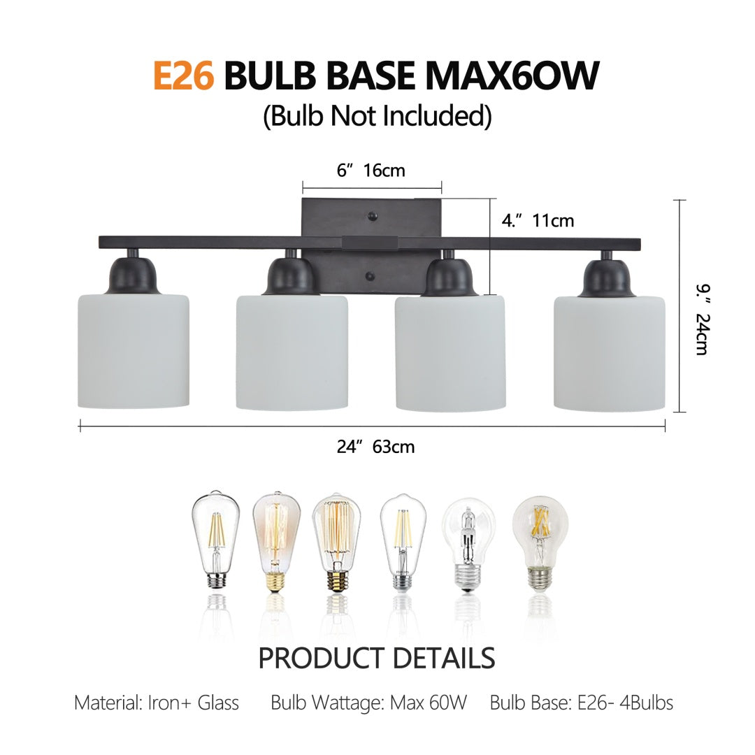 4-Light Modern Black Bathroom Vanity Light Fixture - Frosted Glass Shades