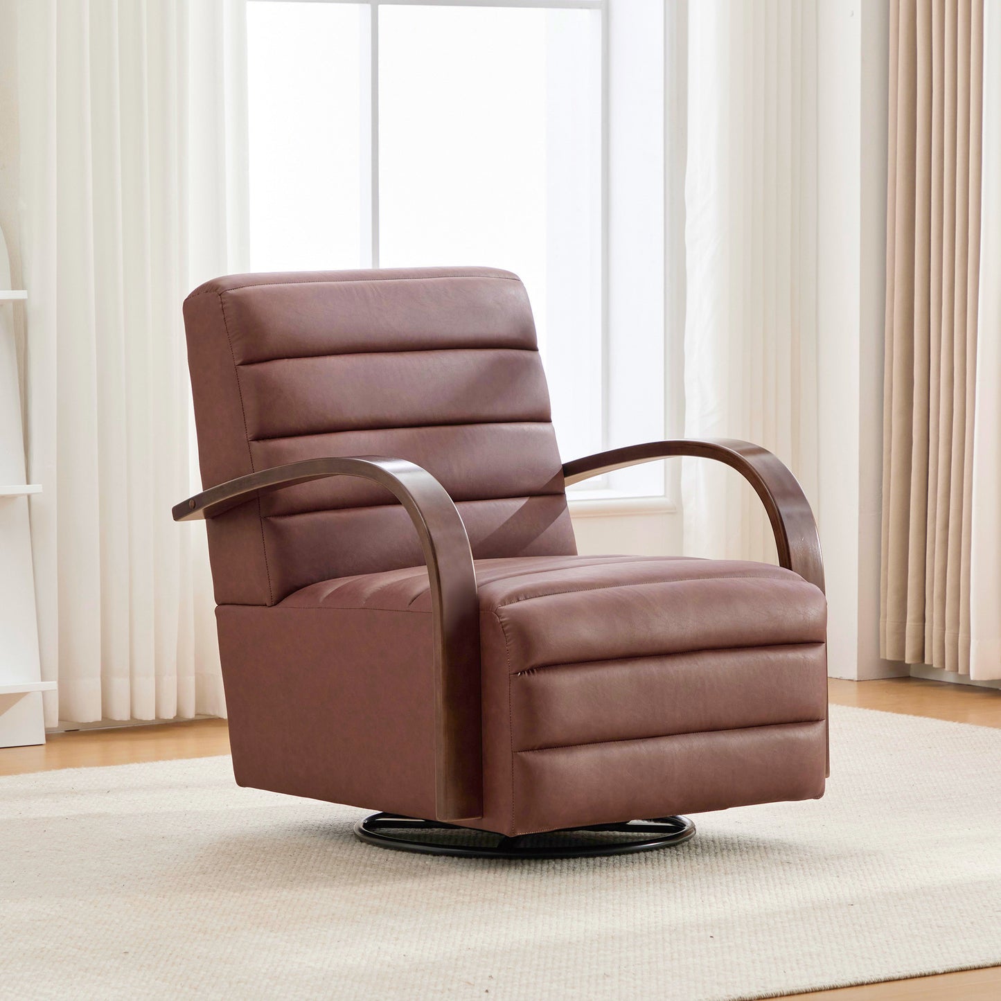 Modern 360° Swivel Accent Chair with Solid Wood Armrests - Brown