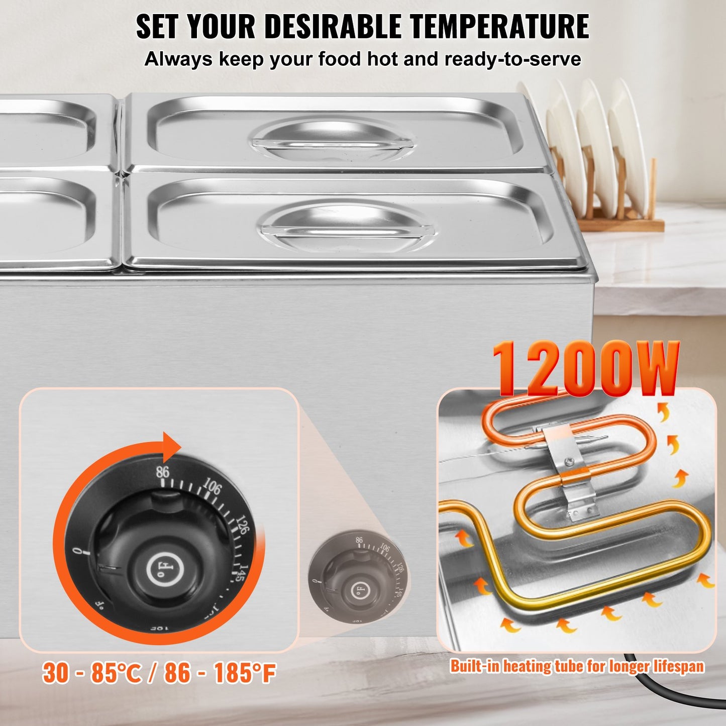 Commercial Food Warmer 4-Pan Countertop Buffet Bain Marie 15.9QT - Stainless Steel, Adjustable Temperature, Silver