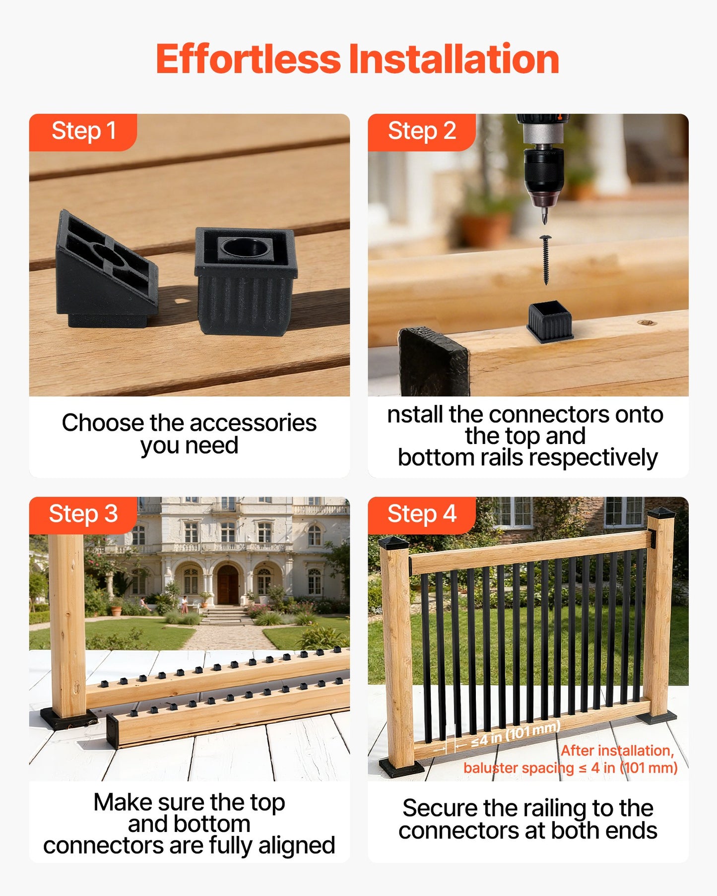 Black Aluminum Square Deck Balusters 3/4 In x 26 In for Railing & Staircase