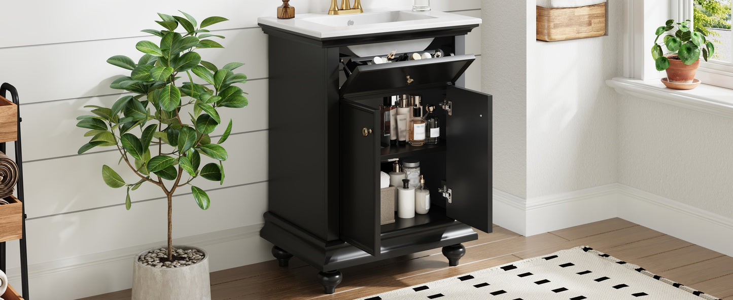 24" Black Modern Bathroom Vanity with Tip-Out Drawer & Soft-Close Hinges