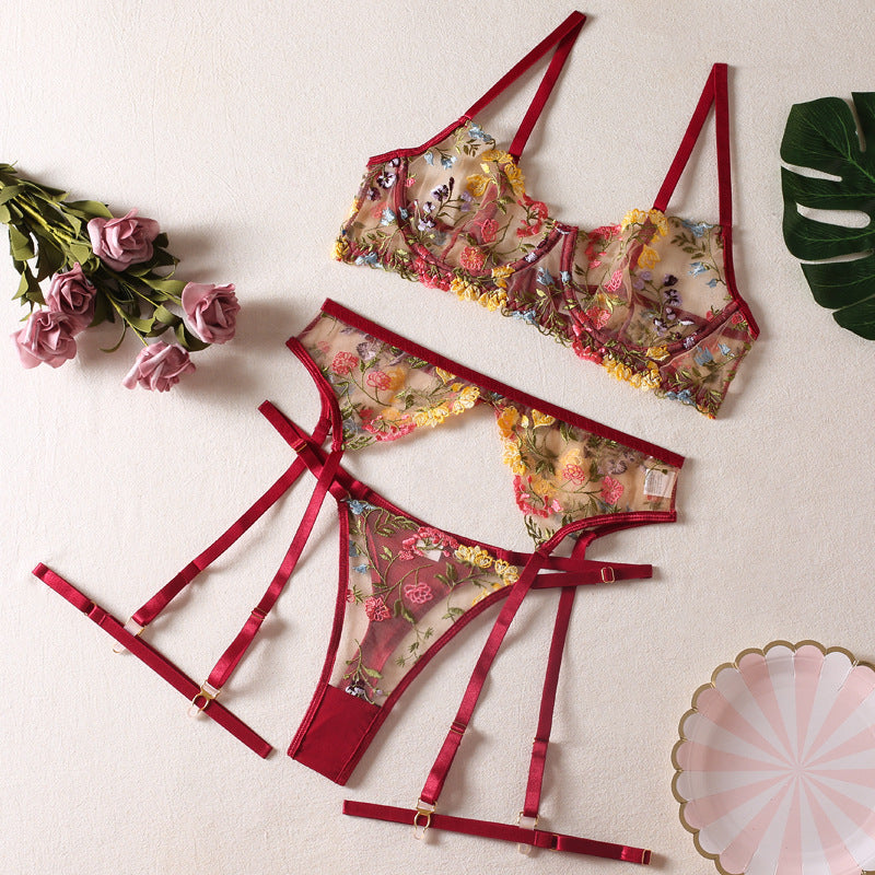 Women's Floral Lingerie Garter Set with Panty, Garter Belt & Leg Rings