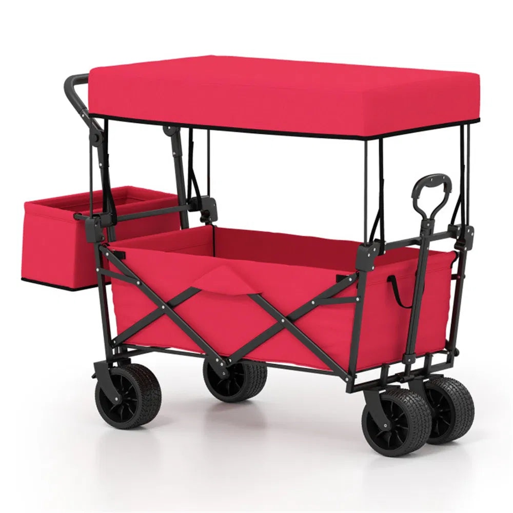 Foldable Utility Wagon with Adjustable Handle & Canopy - Red