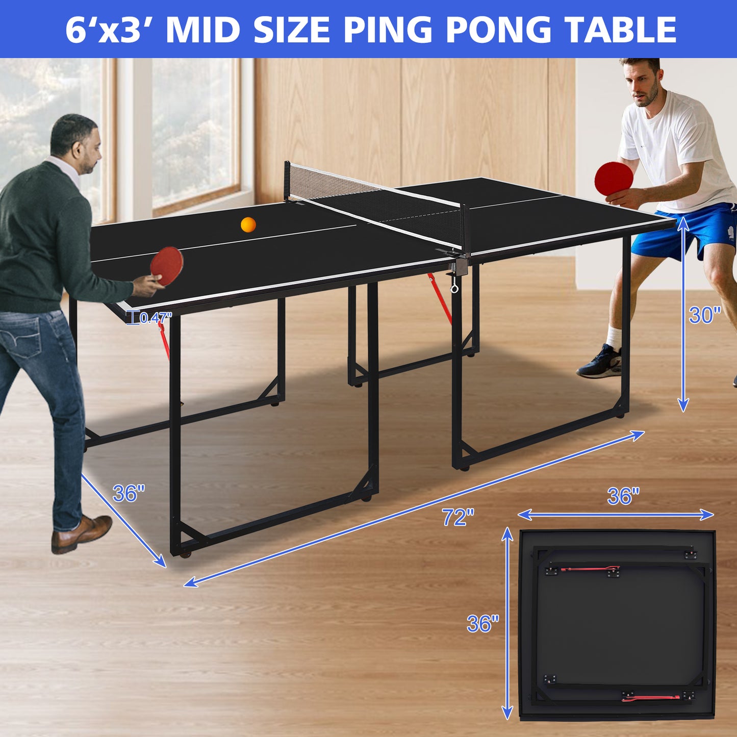Mid-Size Foldable Table Tennis Table Set - Black