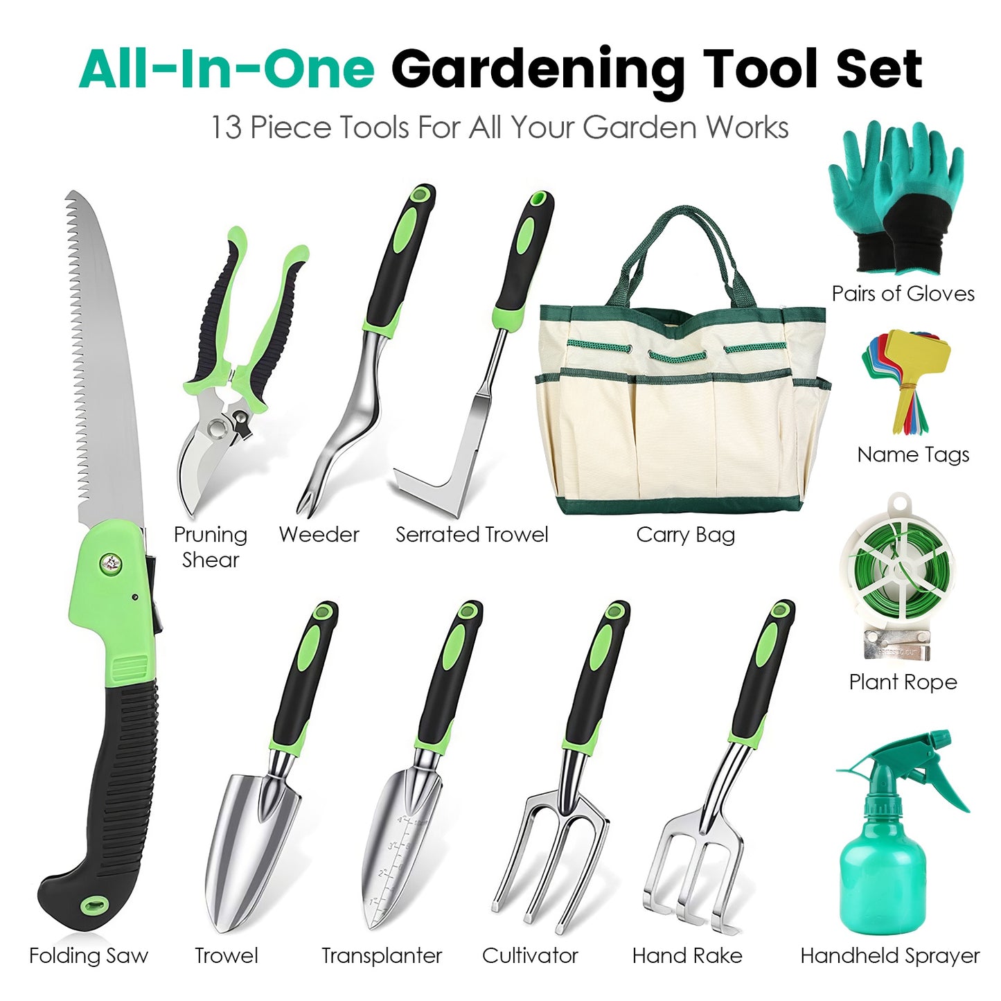 13-Piece Garden Tool Set with Aluminum Alloy Hand Tools & Storage Bag