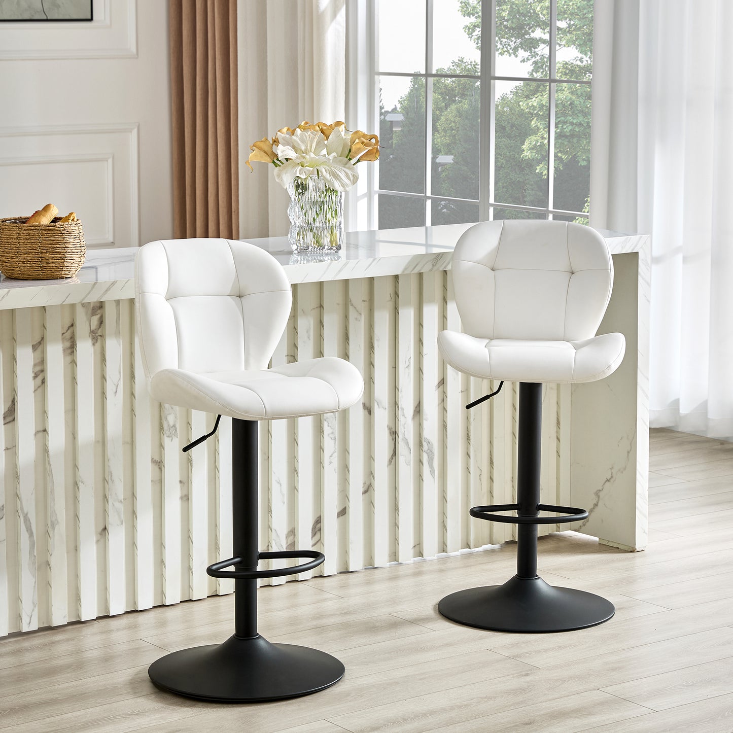 Set Of 2 Height Adjustable Bar Stools, White PU Upholstered Tufted