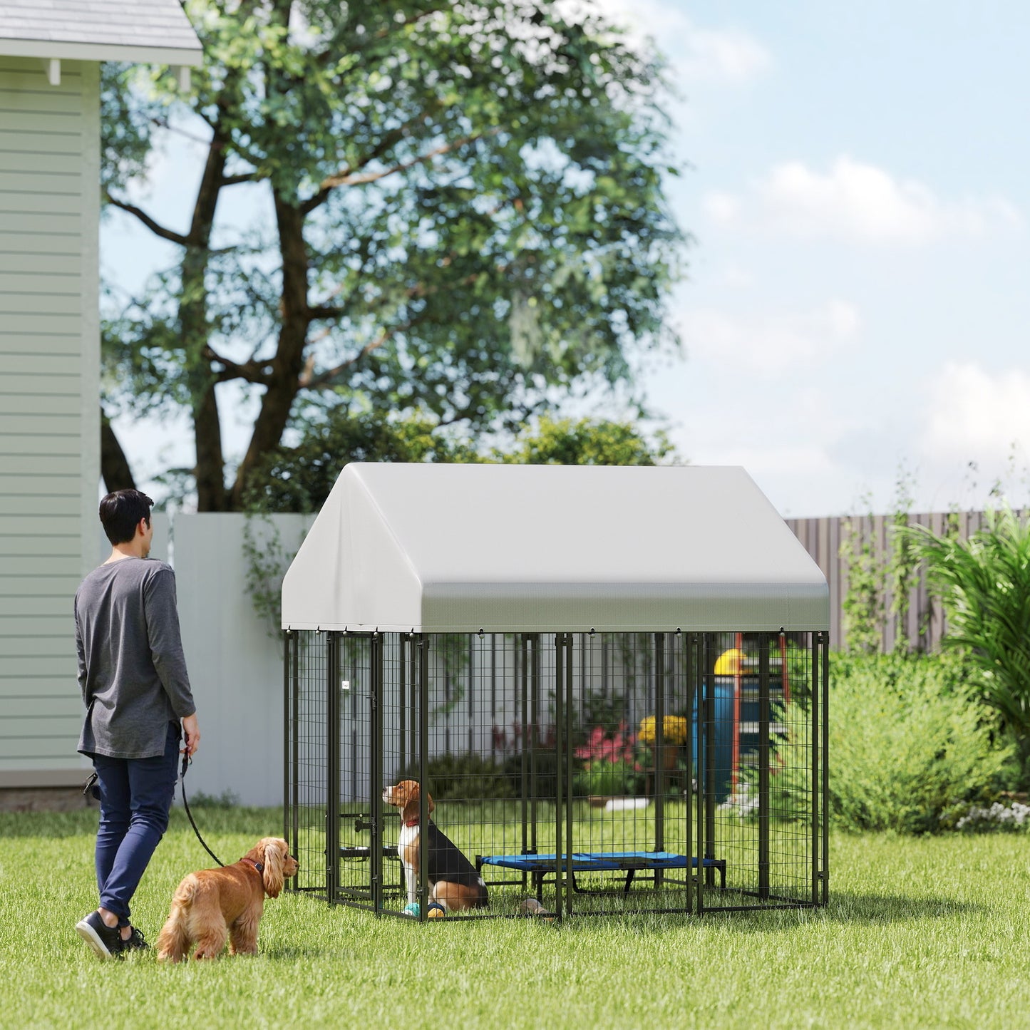 Heavy Duty Outdoor Dog Kennel with Roof, 6x6ft Welded Wire Playpen, Escape-Proof Lock