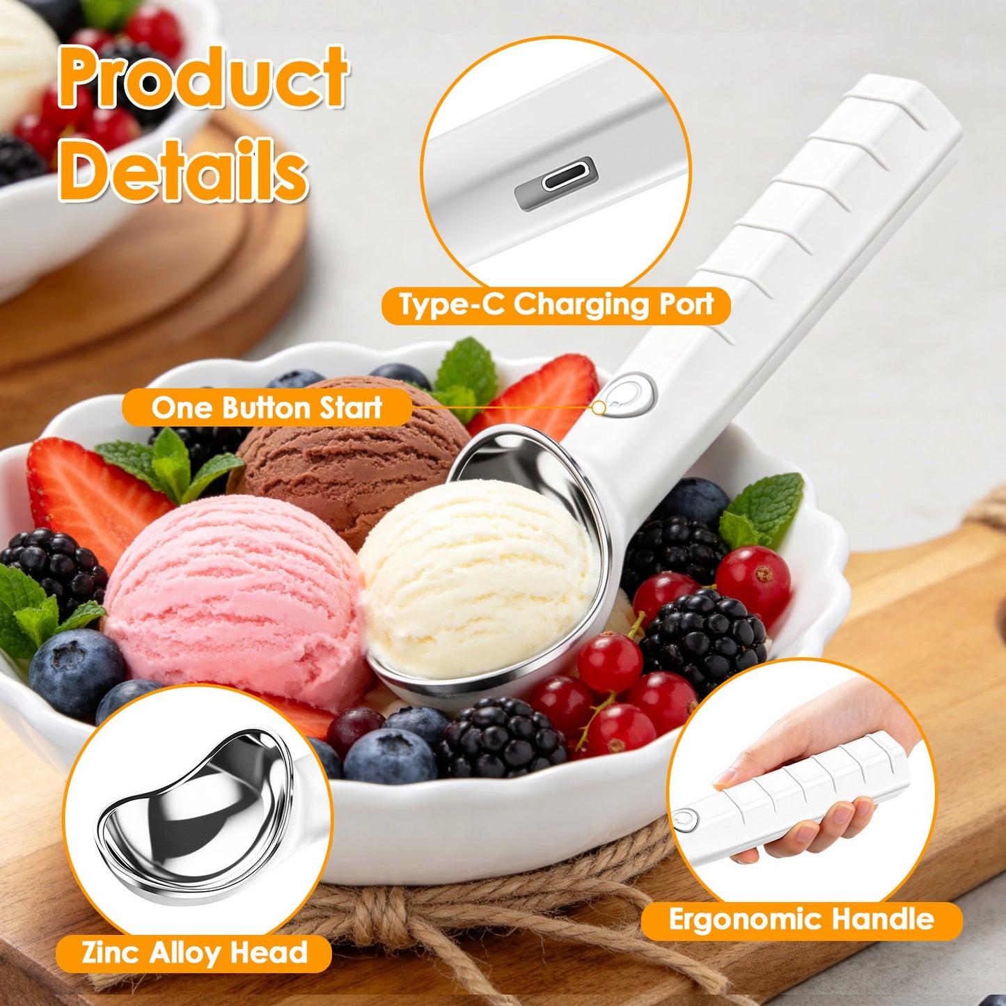 Electric Heated Ice Cream Scoop - Rechargeable & Waterproof