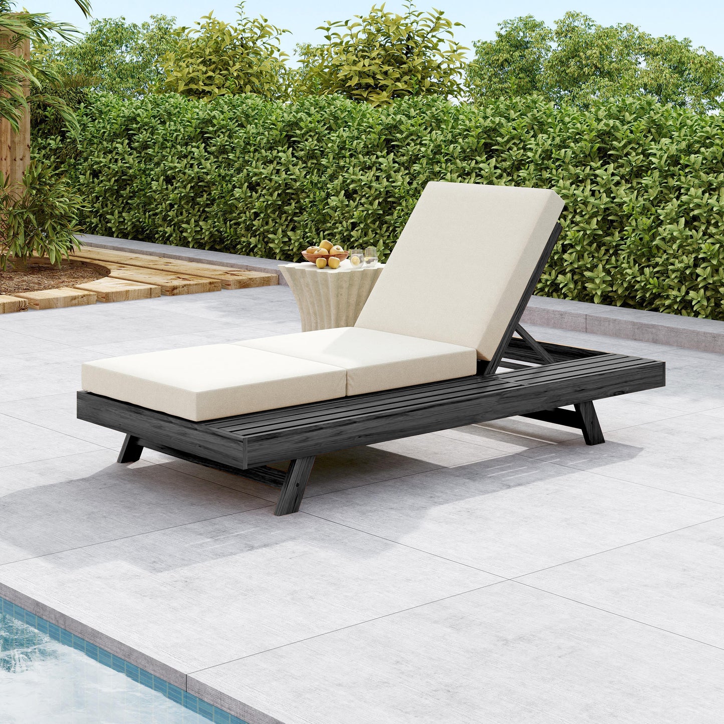 Acacia Wood Lounge Chaise Set with Cream Cushion - Adjustable