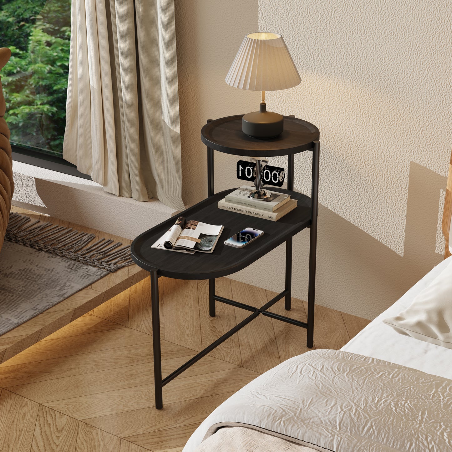 Round Coffee Table with Storage Tray - 2 Tier Black End Table