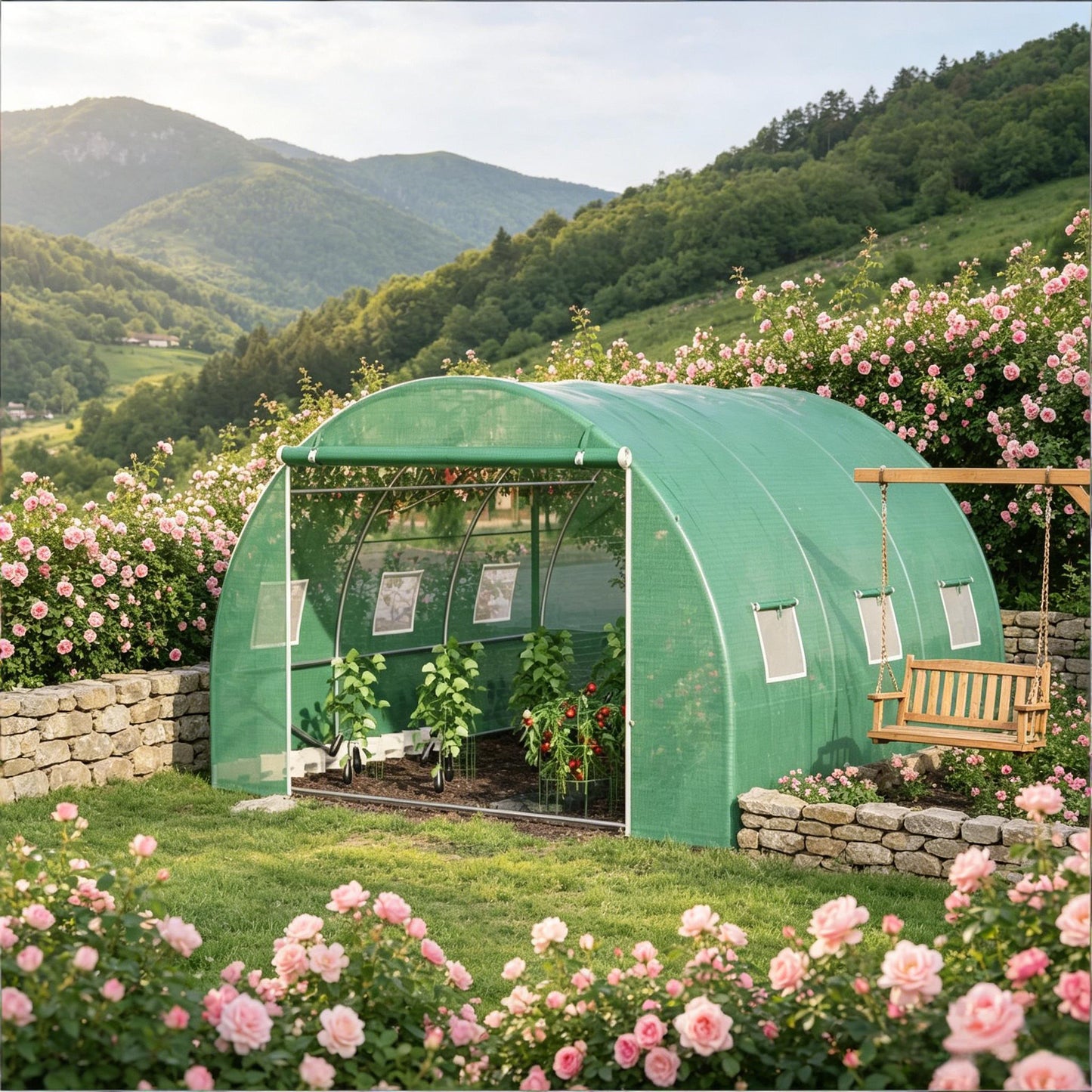 Walk-In Tunnel Greenhouse with Roll-Up Windows - Green