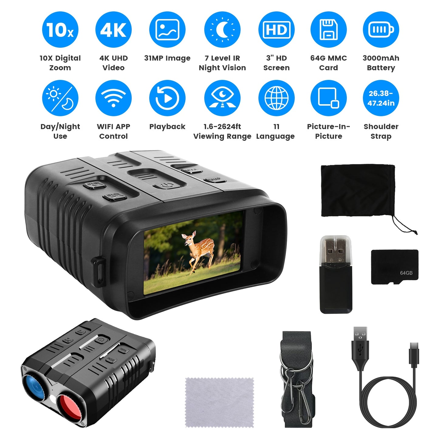 4K Night Vision Goggles with 10X Zoom & 2624ft Range