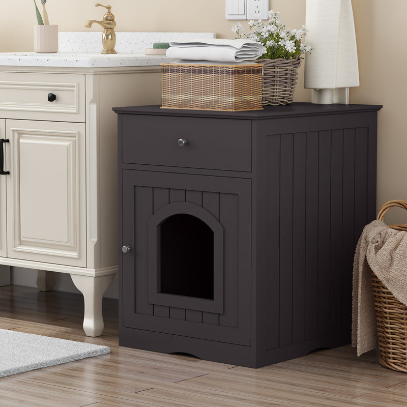 Black Wooden Cat Litter Box Enclosure with Drawer & Side Table - Indoor Pet Nightstand