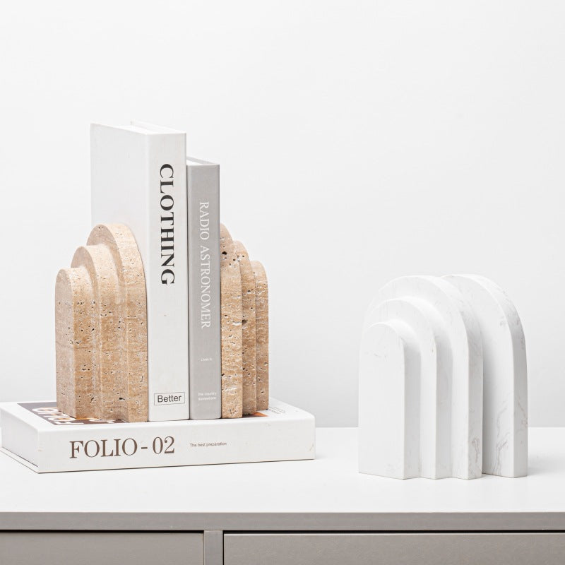 Marble Geometric Bookend Set - Modern White & Yellow Book Holders for Bookshelf Decoration