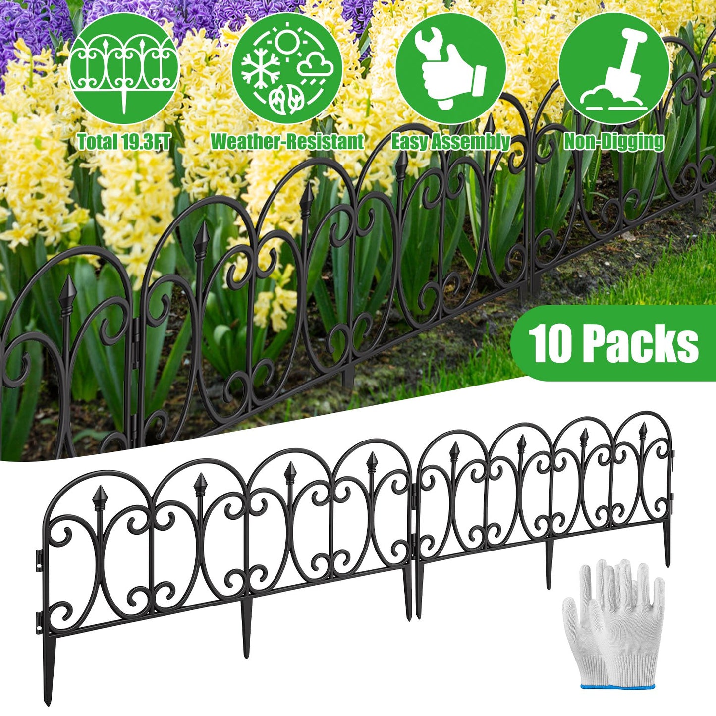 Garden Fence Panels 10 Pack Decorative Lawn Edging Border with Gloves, No-Dig Landscape Fencing, 19.3FT