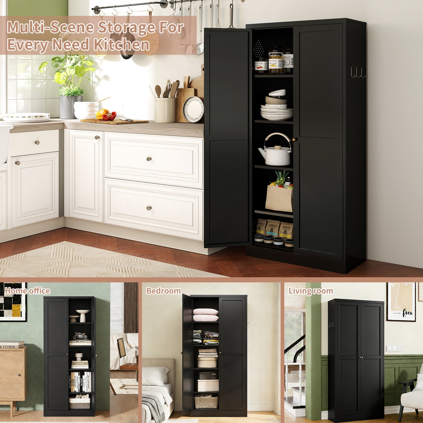 61 Black Metal Kitchen Pantry Cabinet Adjustable Storage With 4