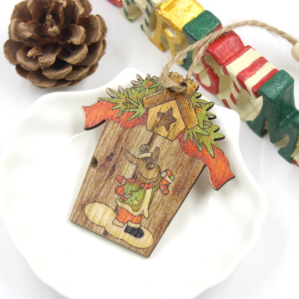 Wooden House Shape Santa Elk Christmas Pendant Set - Festive Decor