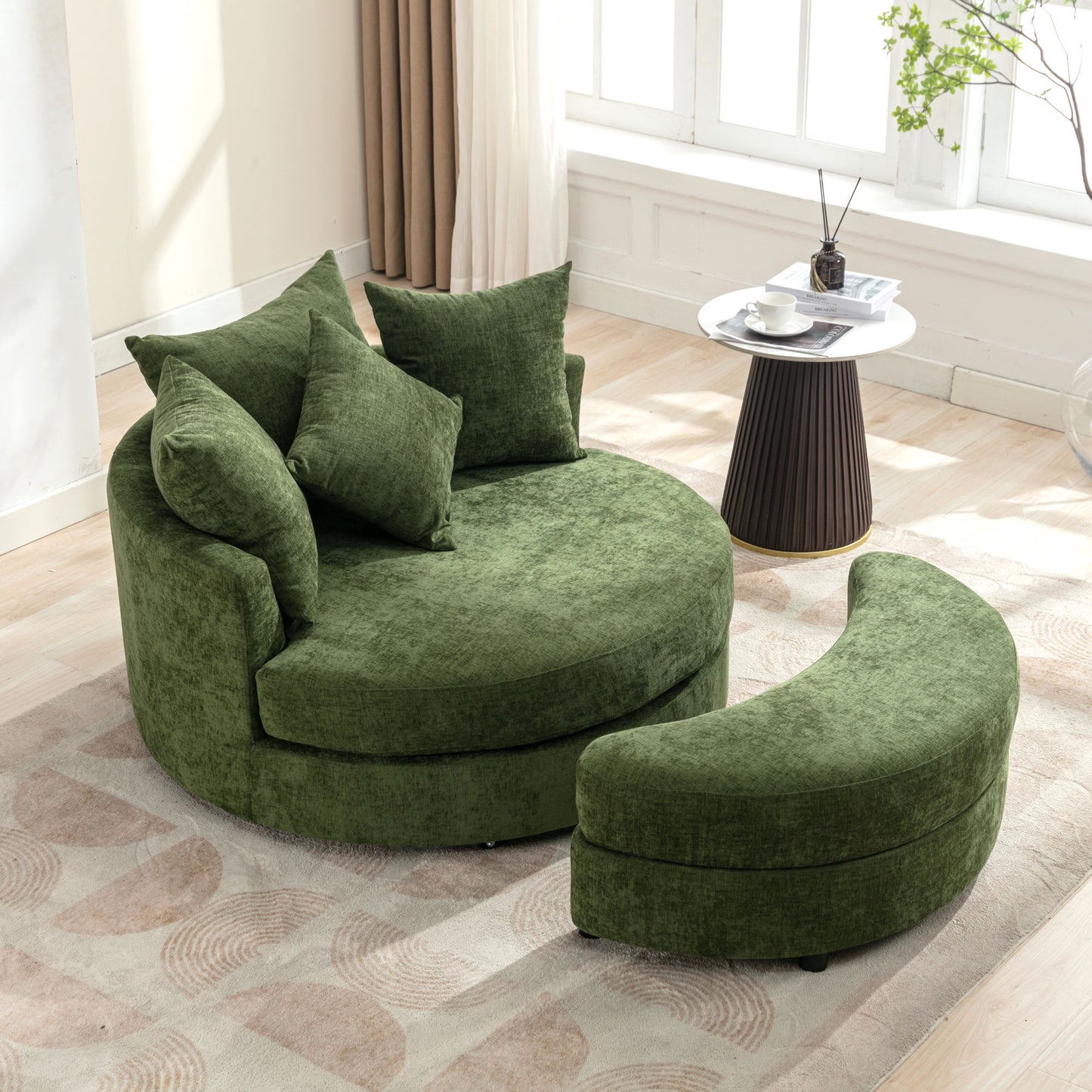 360° Swivel Accent Barrel Chair with Storage Ottoman & 4 Pillows - Green