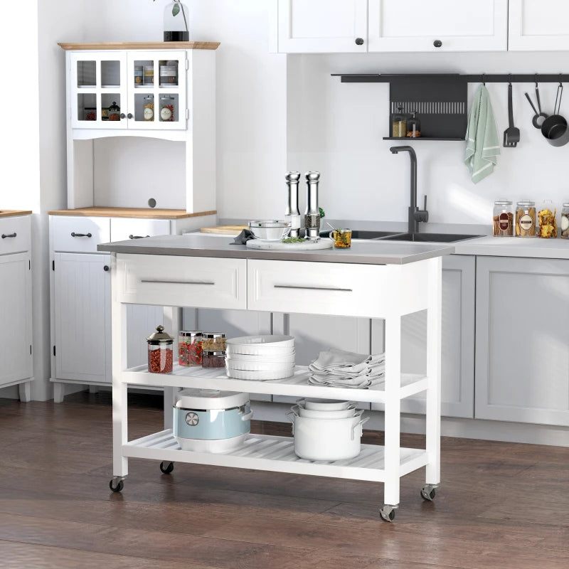 Kitchen Island Cart with Stainless Steel Top & Storage - White