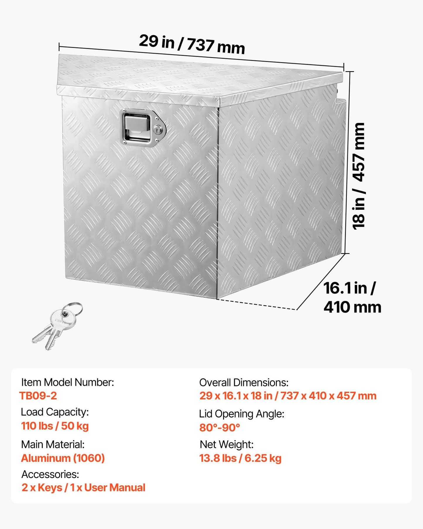 Heavy Duty Aluminum Trailer Tongue Box with Lock, 29 x 16.1 x 18 Inches, Weather-Resistant Storage Organizer