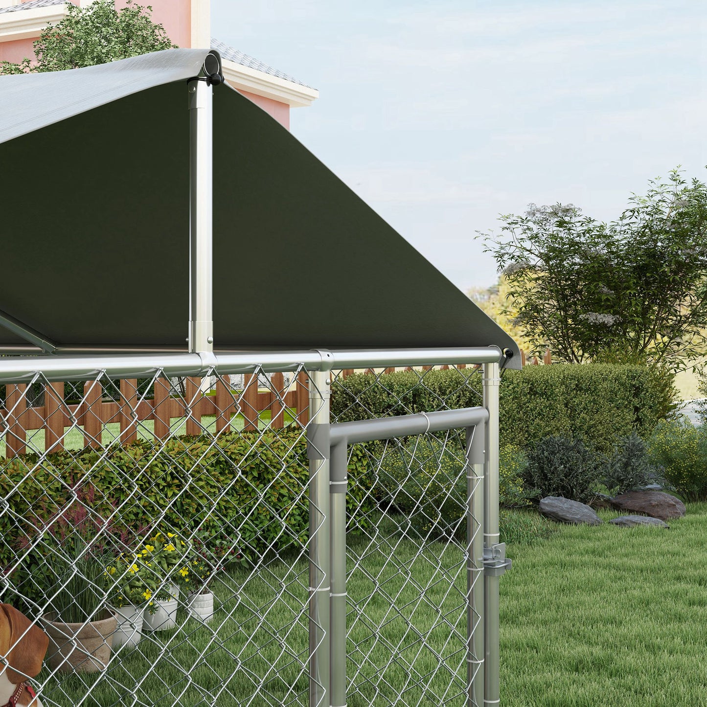 Outdoor Dog Kennel with Waterproof Roof for Small & Medium Dogs - Silver, 43 sq ft