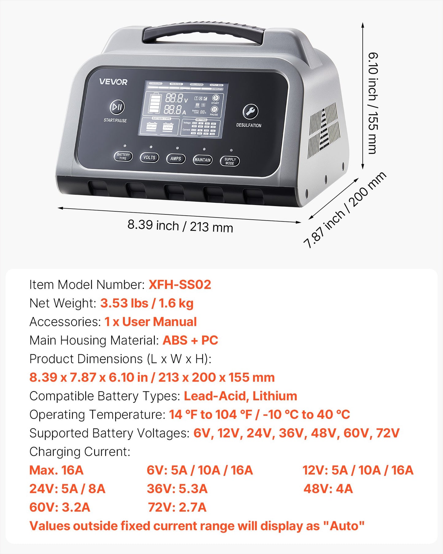 16A Lithium and Lead-Acid Car Battery Charger with LCD Display - Universal 6V-72V