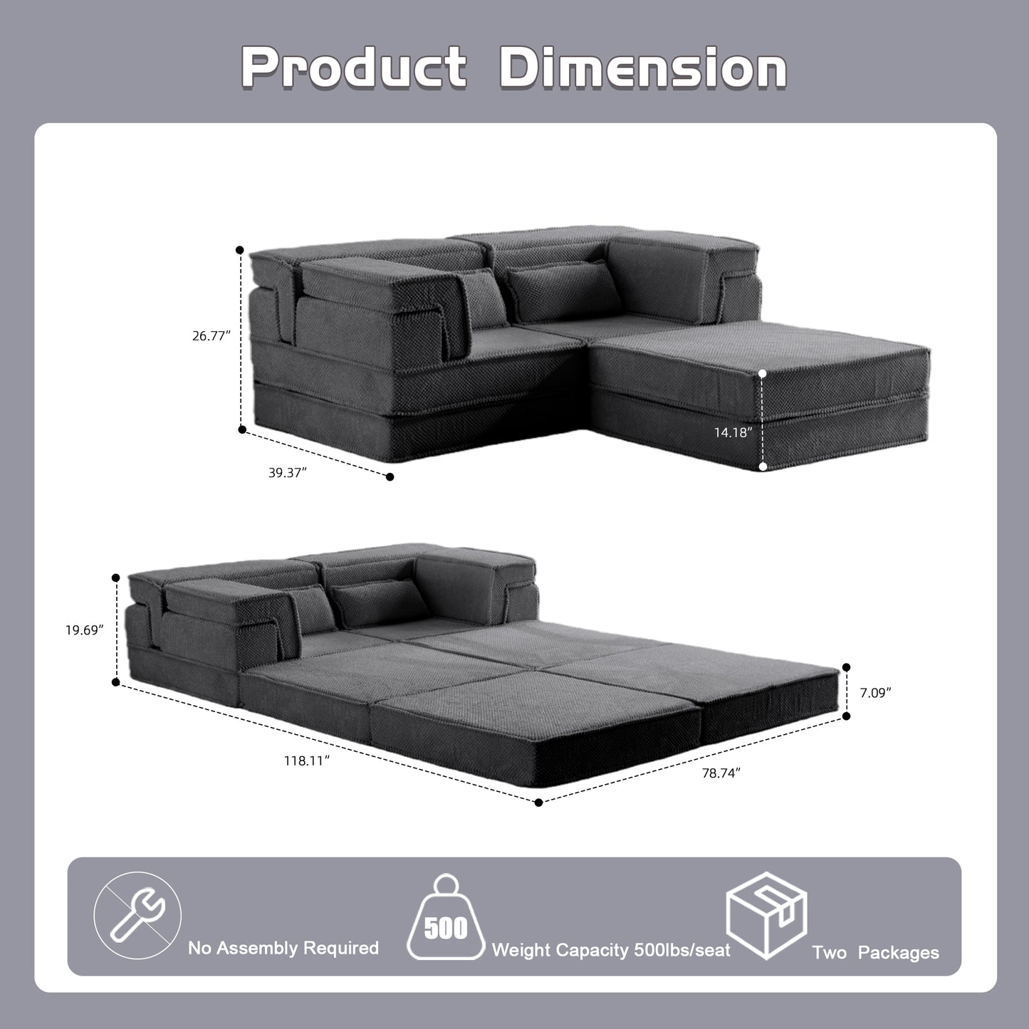 Convertible Floor Sofa Bed - Oversized 2 Seater with Ottoman - Dark Grey
