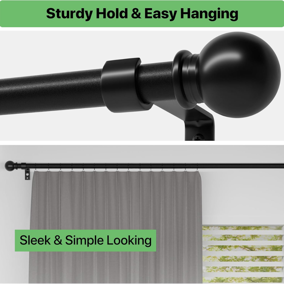Adjustable Black Curtain Rod Set 28-48 Inch with Brackets