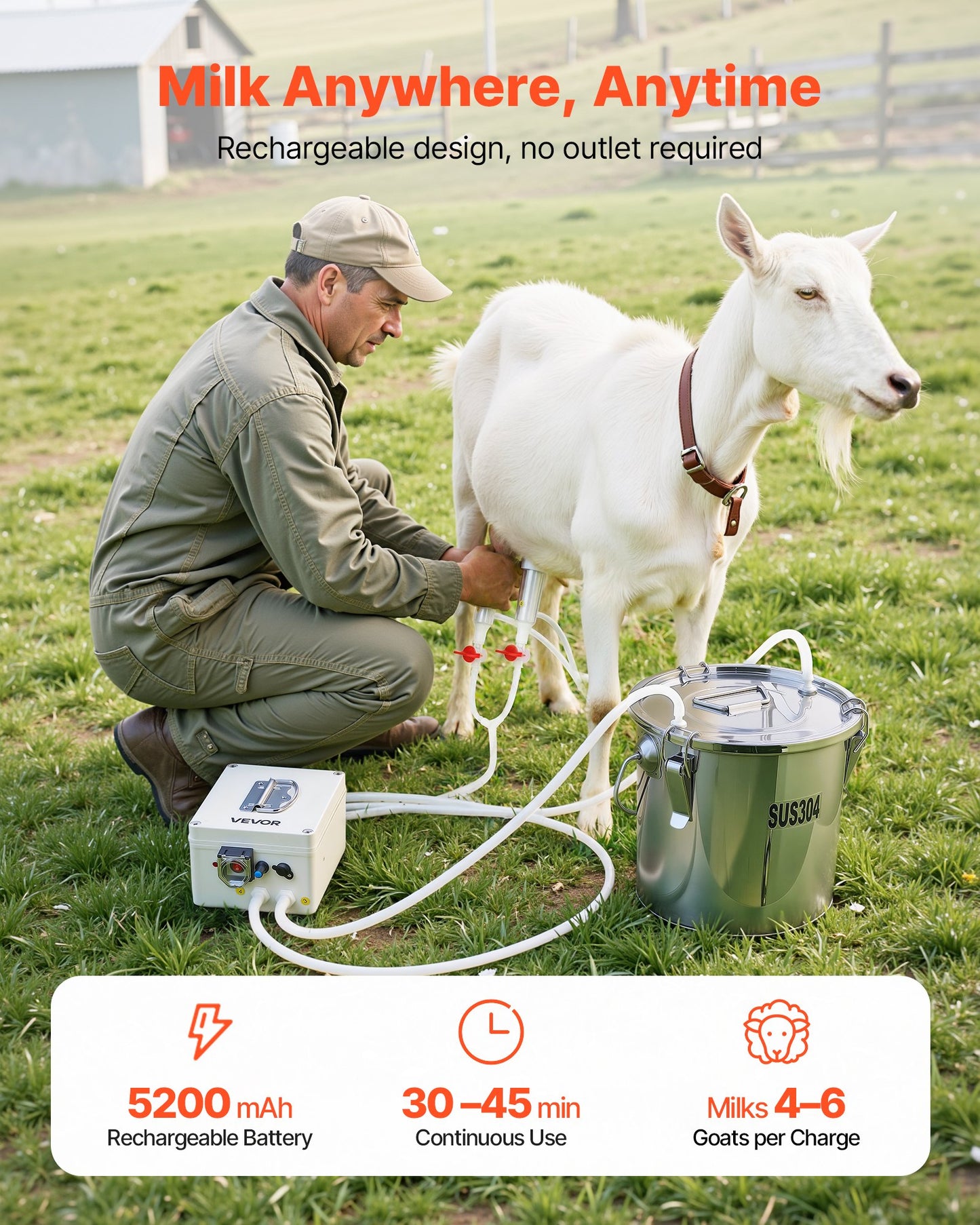 Cordless Goat Milking Machine with Stainless Steel Bucket & Rechargeable Battery