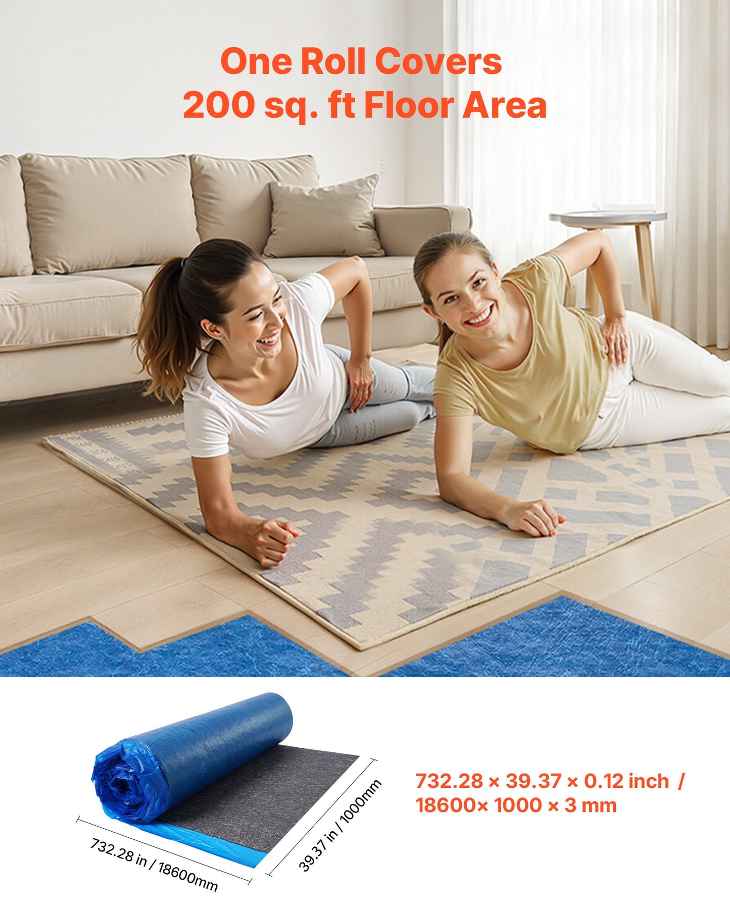 Heavy Duty Floor Underlayment 200 Sq. Ft. with Vapor Barrier for Laminate & Vinyl Flooring