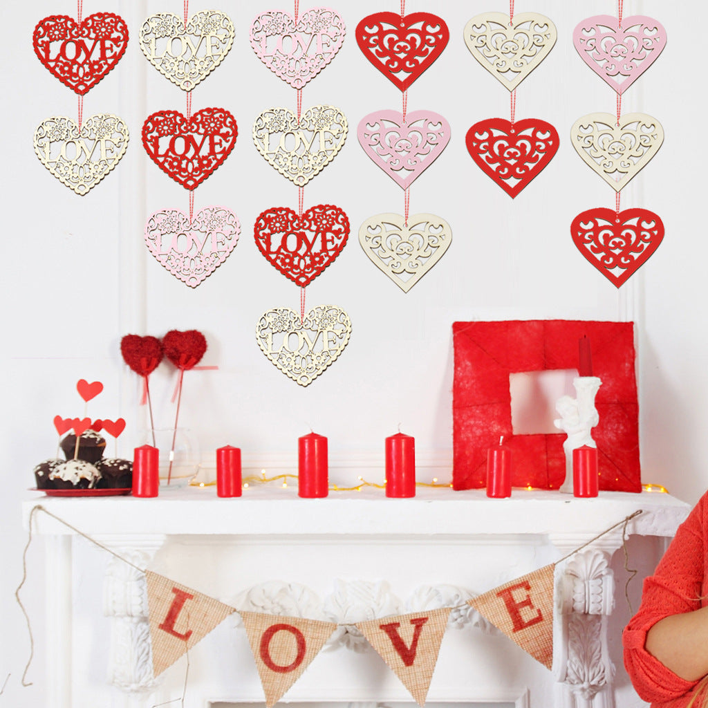 Decorative Wooden Pendant Crafts Set - Abstract Heart Shapes, 10 Pieces