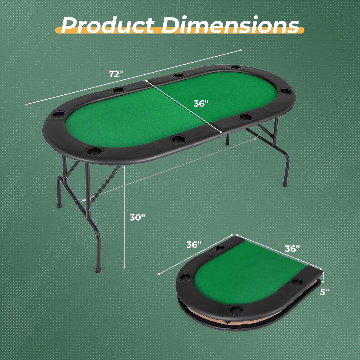 8 Player Foldable Poker Table with Cup Holders - Green