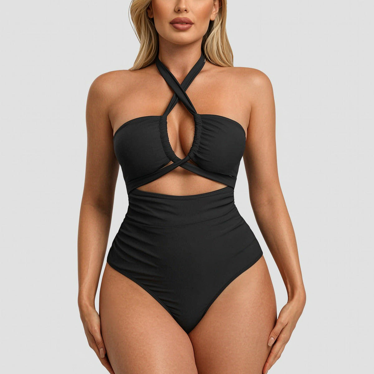 Women's Crisscross Halter Cutout One-Piece Swimsuit - Tummy Control