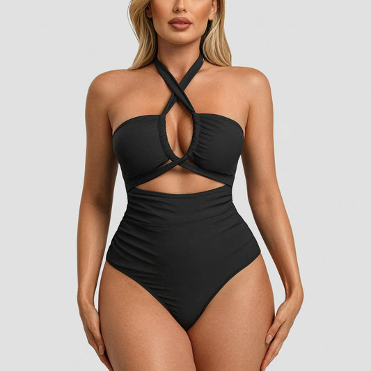 Women's Crisscross Halter Cutout One-Piece Swimsuit - Tummy Control