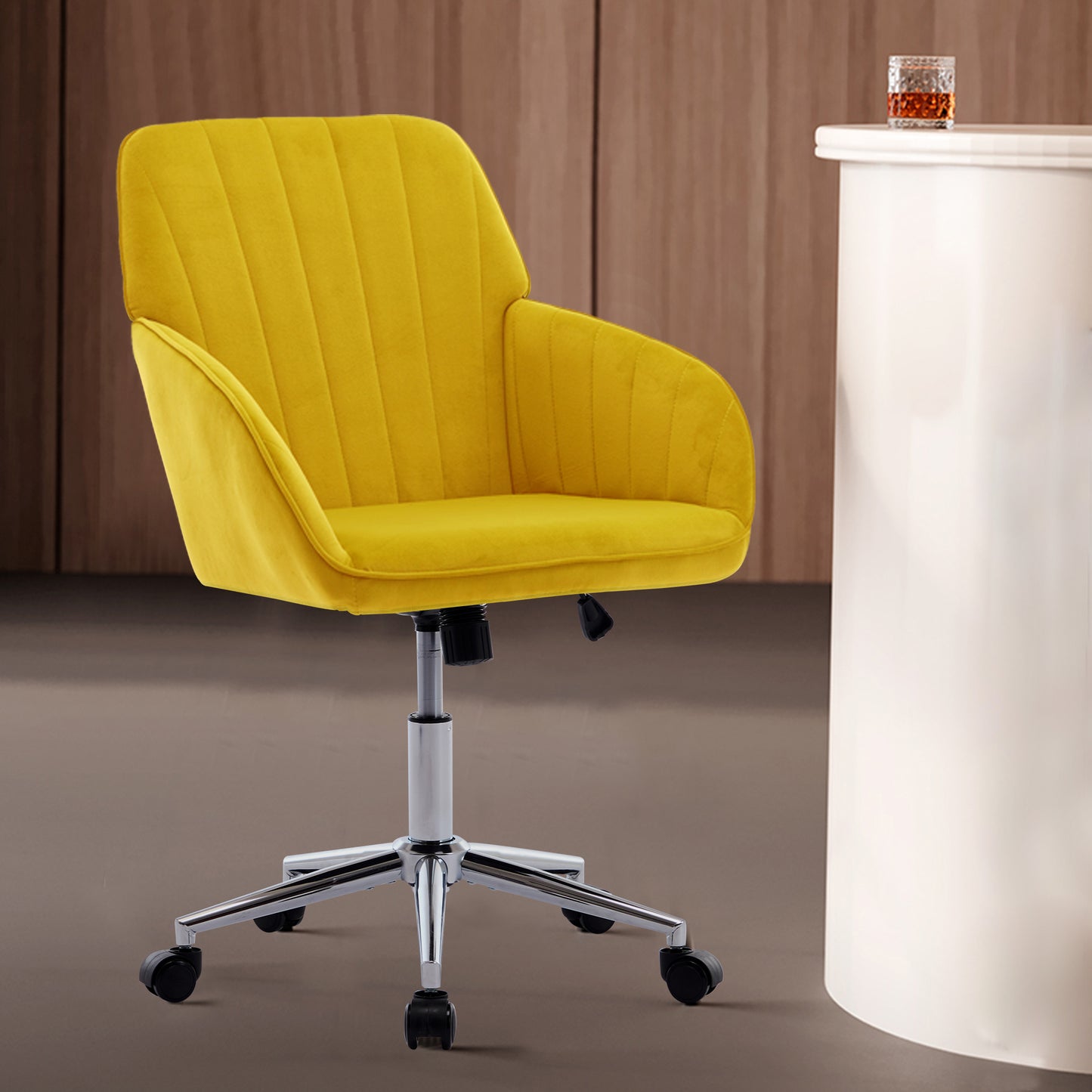 Bright Yellow Velvet Office Chair with Gold Base