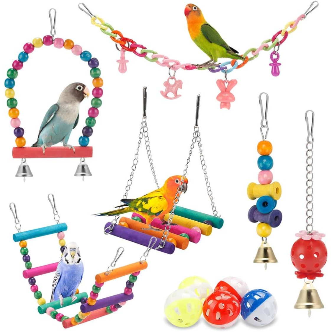 Colorful Bird Parakeet Toys Set with Swing Climbing Ladder Chewing Hammock